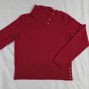 Mainbocher red cashmere sweater funnel neck W/ pearl button Size L